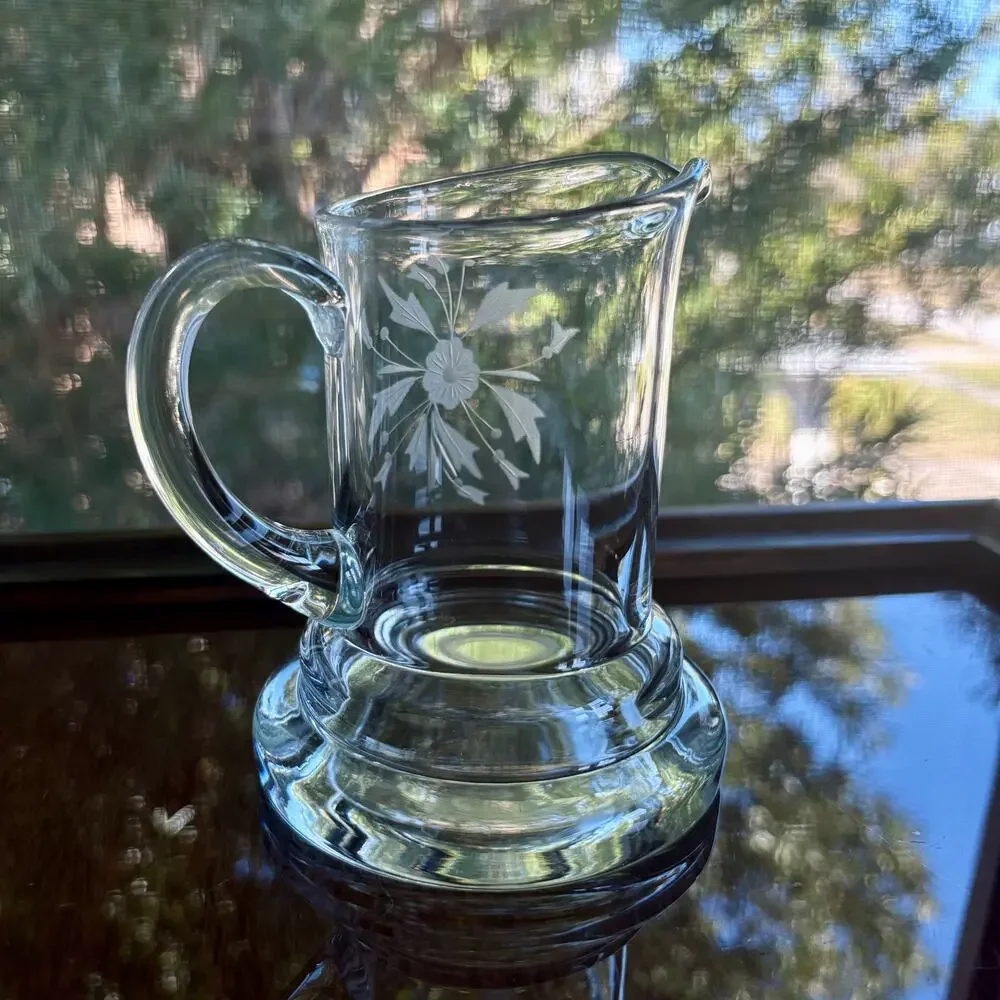 Vintage Etched Glass Creamer Pitcher Floral Clear Glass Cream Server